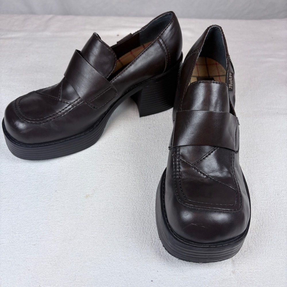 Vtg 90s Y2K Mudd Dark Brown Chunky Platform Block Heel Loafers Shoe Women 8.5 M